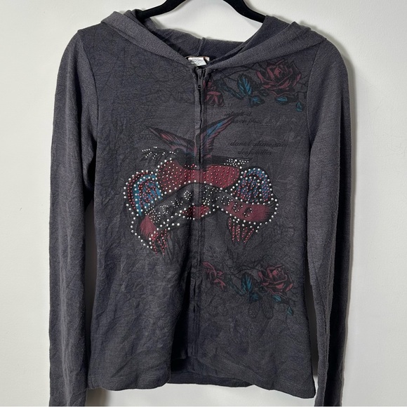 Y2K LIA LEE women's grey emo grunge rhinestone graphic sweater, L. - Picture 2 of 4